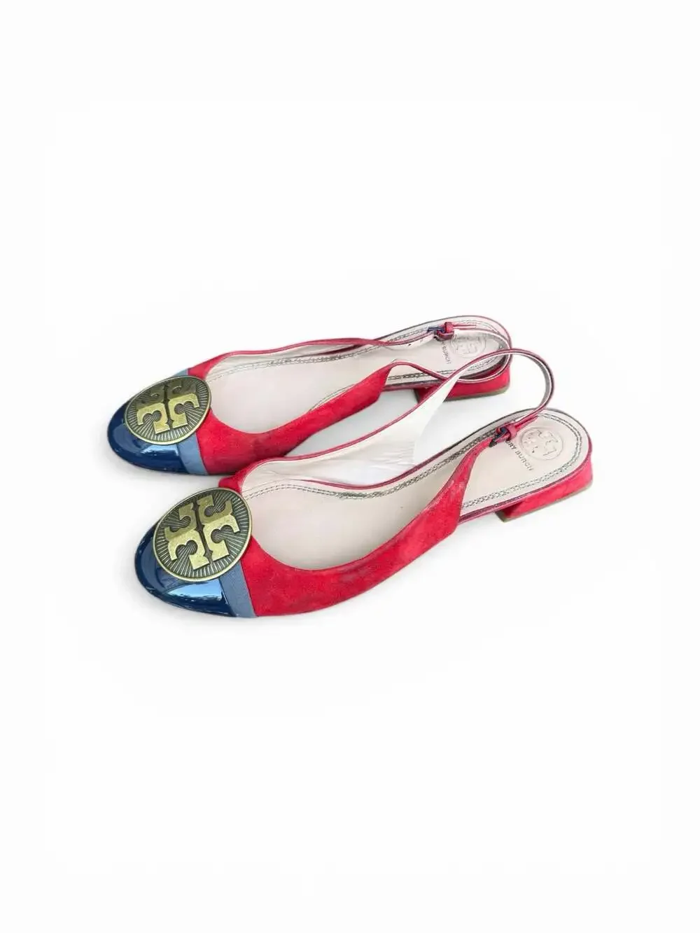 Tory Burch Alastair Slingback Flats Red Suede Navy Patent Cap Toe - Picture 2 of 5